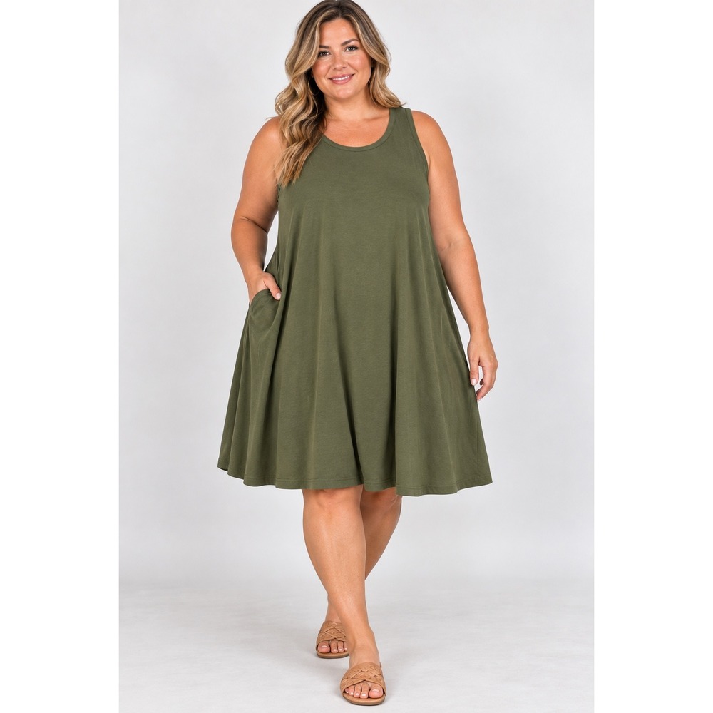 Ava & Viv Olive Green Sleeveless Swing Dress Plus Size 1X Tank Knit Scoop Neck